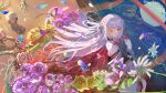  1girl absurdres aijaing333 bare_shoulders black_dress blush commentary diamond_hair_ornament dress falling_petals floral_print floral_print_kimono flower flower_over_eye hair_ornament highres japanese_clothes kimono long_hair long_sleeves looking_at_viewer magical_girl mahou_shoujo_no_inshuu_mura off-shoulder_dress off_shoulder open_mouth petals pink_flower print_kimono skeleton skull smile solo stab untranslatable_commentary upper_body watanuki_sakuya_(manomura) water white_flower wide_sleeves yellow_eyes yellow_flower 