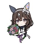  1girl animal_ears asymmetrical_gloves black_gloves bouquet braid braided_sidelocks brown_eyes brown_hair commentary_request curren_bouquetd'or_(racing)_(umamusume) curren_bouquetd'or_(umamusume) ear_covers elbow_gloves gloves hair_between_eyes highres holding holding_bouquet horse_ears horse_girl looking_at_viewer low_twin_braids me_me_rammeat mismatched_ear_covers mismatched_gloves multicolored_hair sidelocks simple_background solo streaked_hair twin_braids umamusume upper_body white_background white_gloves white_streaks 