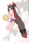  1girl absurdres alternate_costume animal_ear_fluff animal_ears bare_arms bare_legs bare_shoulders blue_archive breasts brown_hair butadiene closed_mouth commentary crop_top eyeshadow fox_ears fox_girl fox_tail from_side full_body halo highres holding holding_pom_poms large_breasts leg_up long_hair looking_at_viewer looking_to_the_side makeup midriff miniskirt multicolored_hair pink_shirt pleated_skirt pom_pom_(cheerleading) ponytail red_eyeshadow red_hair shirt shoes simple_background skirt sleeveless sleeveless_shirt smile sneakers solo standing standing_on_one_leg tail thighs two-tone_hair two-tone_shirt two-tone_skirt very_long_hair wakamo_(blue_archive) white_background white_shirt white_shoes white_skirt yellow_eyes zoom_layer 