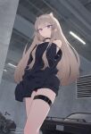  1girl absurdres animal_ear_fluff animal_ears bare_shoulders bell black_shirt black_sweater blonde_hair blue_eyes car cat_ears cat_girl choker closed_mouth from_below hair_ornament highres indie_virtual_youtuber indoors long_hair long_sleeves looking_at_viewer motor_vehicle neck_bell off_shoulder seorang_(vtuber) shirt sleeves_past_fingers sleeves_past_wrists solo standing suumon sweater thigh_strap v-shaped_eyebrows very_long_hair 
