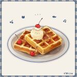  animal-themed_food border cat cherry commentary_request food food_focus fruit highres ice_cream inuno_koro musical_note no_humans original paw_print plaid_border plate waffle whipped_cream white_background 