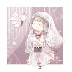  1girl baby_animal black_eyes blunt_bangs blush_stickers book boots border chibi chinese_commentary commentary_request dress flower_and_jenny_(shining_nikki) frilled_sleeves frills grey_hair holding holding_book interruption_(echo-023) lace_veil lamb layered_dress light_particles long_dress long_hair long_sleeves looking_at_animal nikki_(series) outside_border puffy_long_sleeves puffy_sleeves purple_background red_boots sheep shining_nikki signature solid_oval_eyes solo standing striped_background three-quarter_sleeves turtleneck turtleneck_dress veil vertical-striped_background very_long_hair white_border white_dress white_veil winged_animal 