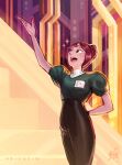  1girl animification arienzio aubergine_pearl colored_skin commentary english_commentary forehead_jewel gem_(steven_universe) hair_bun high-waist_pants highres name_tag open_mouth pants pointy_nose puffy_short_sleeves puffy_sleeves purple_hair purple_skin shirt short_sleeves smile solo sparkle steven_universe steven_universe_future 