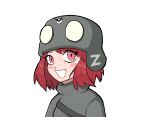  1girl black_sweater blush_stickers buhanka-chan combat_helmet fang from_side helmet highres looking_at_viewer mexibro non-web_source open_mouth original pink_eyes red_hair ribbed_collar russo-ukrainian_war short_hair skin_fang smile solo sweater transparent_background upper_body z_(russian_symbol) 