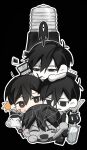 4boys antenna_hair black_background black_eyes black_hair blush_stickers bright_pupils cat chibi chibi_only closed_eyes closed_mouth colored_skin commentary_request computer double-parted_bangs fang hair_between_eyes highres jooee4124 key knife laptop light_bulb looking_at_another looking_at_viewer male_focus mewo mirror multiple_boys multiple_persona omoli_(omori) omori omori_(omori) omoriboy open_mouth photo_(object) shattered_omori_(omori) short_hair simple_background single_blush_sticker smile something_(omori) sunny_(omori) tissue tissue_box white_pupils white_skin 