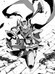  1boy algernon_(housamo) armor brick_floor broom commentary_request debris floating_scarf full_armor greyscale highres holding holding_broom male_focus monochrome nizitaro red_eyes scarf solo spot_color squatting tokyo_afterschool_summoners torn_clothes torn_scarf 