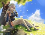  1girl absurdres bangboo_(zenless_zone_zero) bare_shoulders blue_dress blue_sky blue_sleeves breasts closed_mouth cloud commentary_request day detached_sleeves dress eyes_visible_through_hair falling_petals full_body grass grey_hair grey_shoes hair_over_one_eye hand_up high_heels highres hong_su0 large_breasts long_hair long_sleeves looking_at_viewer on_ground outdoors petals pointy_ears red_eyes shoes sitting sky sleeveless sleeveless_dress solo thighhighs velina_airgid white_thighhighs zenless_zone_zero 
