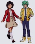  1boy 1girl black_hair char's_counterattack closed_mouth commentary_request expressionless frown genderswap genderswap_(ftm) genderswap_(mtf) green_hair gundam hathaway_noa highres jacket light_frown light_smile looking_at_viewer looking_to_the_side necktie open_clothes open_jacket quess_paraya simple_background skirt smile yy0880yy 