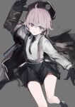  1girl absurdres ahoge beret black_gloves black_hat black_necktie black_skirt black_socks blush brown_jacket cheyanne_(girls'_frontline_2) collared_shirt foot_out_of_frame girls'_frontline girls'_frontline_2:_exilium gloves grey_background grey_eyes grey_hair hair_between_eyes hand_up hat highres irikawa jacket jacket_partially_removed long_hair long_sleeves looking_to_the_side low_ponytail m200_(girls'_frontline) necktie open_mouth ponytail shirt sidelocks skirt socks solo suspenders thighs white_shirt 
