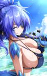  1girl absurdres annes_(g_(genesis1556)) bikini blue_bikini blue_eyes blue_hair blue_horns breasts broken_horn cloud commentary_request dragon_girl dragon_horns eyepatch g_(genesis1556) highres holding horns large_breasts monster_girl ocean original scales sky swimsuit 