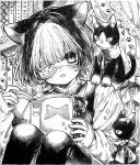  1girl animal_ear_fluff animal_ears animal_on_shoulder book bow cat cat_ears commentary eyepatch greyscale highres holding holding_book long_sleeves looking_at_viewer monochrome multicolored_hair neck_ribbon open_mouth original pantyhose paw_print print_eyepatch ribbon shirt short_hair sitting solo tsubaki_tsubaru tuxedo_cat two-tone_hair untranslatable_commentary vest 