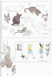  animal black_cat broom brown_hair casual cat concept_art hat hat_over_eyes jiji_(majo_no_takkyuubin) kiki majo_no_takkyuubin multiple_views scan scan_artifacts short_hair shorts studio_ghibli witch 