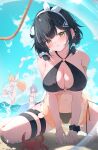  3girls absurdres ahoge amber_(stella_sora) arm_up ball beach beachball between_legs bikini black_bikini black_hair blonde_hair blue_sky blurry blurry_foreground blush bow bracelet braid breasts chisei259 cleavage cloud cloudy_sky commentary crab faceless faceless_female hair_bow hair_ornament hairband hairclip halterneck hand_between_own_legs hat head_tilt highres holding holding_ball holding_beachball holding_swim_ring innertube iris_(stella_sora) jewelry kneeling large_breasts leaning_forward leg_up legs_apart long_hair looking_at_viewer multiple_girls new_star_guild_(stella_sora) noya_(stella_sora) ocean official_alternate_costume official_alternate_hairstyle open_mouth purple_hair reaching sand sand_on_skin scrunchie short_hair sitting sky solo_focus splashing standing standing_on_one_leg stella_sora sun_hat sunlight sweat swim_ring swimsuit thigh_strap transparent_innertube twin_braids very_long_hair water_drop white_bikini white_hairband white_hat wrist_scrunchie yellow_eyes 