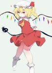  1girl absurdres ar_(maeus) arms_behind_back ascot blonde_hair blush closed_mouth collared_shirt commentary_request crystal crystal_wings derivative_work embodiment_of_scarlet_devil flandre_scarlet frilled_shirt_collar frills green_background hat hat_ribbon highres holding holding_weapon laevatein_(touhou) looking_at_viewer mob_cap multicolored_wings official_art_redraw one_side_up red_eyes red_skirt red_vest ribbon shirt simple_background skirt skirt_set smile socks solo sprite_redraw touhou vest weapon white_hat white_shirt white_socks wings yellow_ascot 