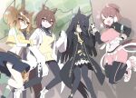  4girls absurdres agnes_tachyon_(tach-nology)_(umamusume) agnes_tachyon_(umamusume) ahoge animal_ears ankle_boots belt black_hair black_pantyhose black_skirt black_sweater bocchi_the_rock! boots breasts brown_belt brown_eyes brown_hair chemical_structure closed_eyes commentary cropped_jacket dantsu_flame_(center_spotlight)_(umamusume) dantsu_flame_(umamusume) earrings feet_out_of_frame green_socks grin hair_between_eyes high_heel_boots high_heels highres horse_ears horse_girl horse_tail jacket jam_(umamusume) jewelry jungle_pocket_(champion's_battle_cry)_(umamusume) jungle_pocket_(umamusume) ktgrtos lab_coat large_breasts leg_up legs_up long_bangs long_hair long_sleeves looking_at_viewer loose_socks manhattan_cafe_(creeping_shadow)_(umamusume) manhattan_cafe_(umamusume) medium_hair midriff multicolored_hair multicolored_shoes multiple_girls necktie open_mouth pantyhose parody pink_shoes pink_shorts pleated_skirt red_eyes revision shoes short_hair short_necktie shorts single_earring skirt sleeves_past_fingers sleeves_past_wrists smile socks suspenders sweater sweater_vest tail two-tone_hair two-tone_shoes umamusume umamusume:_beginning_of_a_new_era white_belt white_boots white_hair white_shoes yellow_eyes yellow_jacket yellow_necktie yellow_sweater yellow_sweater_vest 