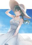  1girl breasts brown_eyes closed_mouth commentary dress grey_hair hand_on_headwear hat highres letterboxed long_hair looking_at_viewer midorikawa_you original outside_border ponytail small_breasts solo sun_hat untranslatable_commentary white_dress 