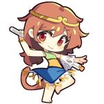  1girl arm_up barefoot blue_dress bracelet brown_hair chibi chibi_only chinese_commentary circlet closed_mouth commentary_request detached_sleeves dress full_body green_dress hair_between_eyes holding holding_polearm holding_weapon jewelry long_hair looking_at_viewer lowres monkey_girl monkey_tail multicolored_dress polearm red_eyes renren_(ah_renren) simple_background single_detached_sleeve smile solo son_biten tail test_tube touhou weapon white_background white_sleeves yellow_dress 