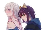  2girls animal_ear_fluff animal_ears bare_shoulders black_hair blue_kimono blush body_blush cho_kaguya-hime! colored_inner_hair commentary_request forehead_jewel fox_ears green_eyes hair_down hand_on_another's_shoulder highres japanese_clothes kimono korean_commentary long_hair looking_at_another mouth_hold multicolored_hair multiple_girls open_mouth pink_hair ribbon ribbon_in_mouth runami_yachiyo runami_yachiyo_(kassen) runami_yachiyo_(tsukuyomi) sakayori_iroha sakayori_iroha_(tsukuyomi) simple_background small_sweatdrop smile sweatdrop white_background white_hair xp0p0p0x yuri 