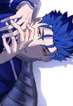  1boy armor blue_bodysuit blue_hair bodysuit commentary cu_chulainn_(fate) cu_chulainn_(lancer)_(fate) earrings fate/grand_order fate_(series) highres jewelry looking_at_viewer male_focus open_mouth red_eyes short_hair sideways simple_background smile solo tuna_sss15 upper_body white_background 