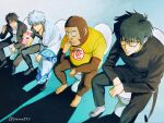  4boys black_boots black_hair black_pants black_shirt boots character_request commentary commentary_request gintama glasses gorilla grey_hair hadanugi_dousa highres holding japanese_clothes kimono long_sleeves male_focus messy_hair multiple_boys pants popped_collar red_eyes sakata_gintoki shirt short_hair short_sleeves sitting sorachi_hideaki_(character) strawberry_milk toilet white_kimono yamo510 yellow_shirt 