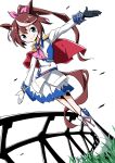  1girl animal_ears asymmetrical_gloves blue_eyes blue_jacket blue_skirt boots bow brown_hair buttons cape commentary double-breasted dutch_angle epaulettes frilled_skirt frills full_body generalcanon gloves grass hair_bow highres horse_ears horse_girl horse_tail jacket light_blush looking_at_viewer mismatched_gloves multicolored_hair multicolored_jacket outstretched_arms pink_bow pleated_skirt ponytail railing red_cape sidelocks signature single_epaulette skirt sleeve_cuffs smile solo standing streaked_hair tail tokai_teio_(peak_joy)_(umamusume) tokai_teio_(umamusume) two-tone_jacket two-tone_skirt umamusume v-shaped_eyebrows white_background white_boots white_jacket white_skirt 