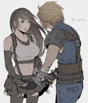  1boy 1girl armor bare_shoulders belt black_gloves black_hair black_skirt black_sports_bra black_thighhighs blonde_hair blue_pants blue_sweater blush bracelet breasts cloud_strife collarbone commentary_request couple cowboy_shot crop_top earrings elbow_gloves final_fantasy final_fantasy_vii final_fantasy_vii_remake fingerless_gloves gloves grey_background hetero holding_hands jewelry large_breasts long_hair looking_at_another materia midriff miniskirt multiple_belts navel pants parted_lips red_eyes ribbed_sweater shillo short_hair shoulder_armor skirt sleeveless sleeveless_turtleneck spiked_hair sports_bra stud_earrings suspender_skirt suspenders sweater tank_top thighhighs tifa_lockhart toned toned_female turtleneck turtleneck_sweater twitter_username white_tank_top zettai_ryouiki 