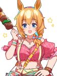  1girl animal_ears bare_shoulders blue_eyes blush braid braided_ponytail breasts brown_hair cleavage commentary_request food hand_on_own_hip highres holding horse_ears horse_girl jewelry large_breasts long_hair looking_at_viewer loska midriff navel necklace off-shoulder_shirt off_shoulder official_alternate_costume official_alternate_hairstyle open_mouth pink_shirt pink_top plaid_clothes plaid_shirt shirt shish_kebab shorts smile solo star_(symbol) star_necklace suspender_shorts suspenders taiki_shuttle_(bubblegum_memories)_(umamusume) taiki_shuttle_(umamusume) umamusume white_shorts 