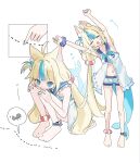  1girl ahoge animal animal_ear_fluff animal_ears ant armpits arms_up arrow_(symbol) ascot barefoot belt blonde_hair blue_ascot blue_eyes blue_nails blush breasts bug cat_ears closed_eyes commentary_request facing_viewer fins fish_girl fish_tail full_body highres indie_virtual_youtuber lifebuoy_anklet lifebuoy_hair_ornament long_hair looking_at_animal meyochi multicolored_hair multiple_views navel sailor_collar sameko_saba sameko_saba_(1st_costume) shirt short_shorts shorts sleeveless small_breasts sound_effects sound_effects_only sparkle squatting standing streaked_hair stretching tail twintails virtual_youtuber white_background white_shirt 