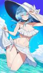  1girl absurdres arm_up bikini blue_hair blue_nails blue_sky breasts chopingme cleavage colored_eyelashes commentary day frilled_bikini frills hair_between_eyes hat highres large_breasts long_hair looking_at_viewer nail_polish navel parted_lips purple_eyes sarong shorekeeper_(wuthering_waves) sky smile solo stomach swimsuit white_bikini white_hat white_sarong wuthering_waves 