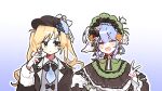  2girls bird_hat_ornament black_bow black_bowtie black_capelet black_flower black_hat black_rose blonde_hair blue_hair blue_necktie bonnet bow bow_flower bowtie braid braided_hair_rings capelet closed_eyes collared_shirt commentary cosplay costume_switch deerstalker dress flower frilled_capelet frilled_dress frilled_sleeves frills goldf15h gradient_background green_bonnet green_eyes grey_vest hair_bow hair_flower hair_ornament hair_rings hat hat_bow highres lolita_fashion long_hair long_sleeves mahou_shoujo_no_majo_saiban multiple_girls necktie open_mouth outline rose shirt short_hair smile tachibana_sherry tono_hanna twintails untranslatable_commentary upper_body v very_long_hair vest white_flower white_outline white_rose white_shirt wide_sleeves winged_hat yellow_flower yellow_rose 