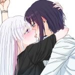  2girls absurdres arm_around_neck black_hair blue_eyes blush bracelet cho_kaguya-hime! commentary eye_contact french_kiss green_eyes hand_on_another's_head highres jewelry kiss kiss_day korean_commentary long_hair looking_at_another medium_hair mole mole_under_eye multicolored_eyes multicolored_hair multiple_girls open_mouth pink_hair purple_eyes purple_nails runami_yachiyo sakayori_iroha short_sleeves simple_background tongue two-tone_hair upper_body white_background xp0p0p0x yuri 