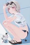  1girl absurdres asumi_sena bare_legs bikini bikini_top_under_shirt bikini_under_clothes black_bikini black_nails closed_mouth commentary demon_tail eyewear_on_head grey_hair highres mea_mememea midriff multicolored_hair nail_polish navel o-ring o-ring_bikini pink_eyes pink_nails pink_streaks sandals see-through_clothes see-through_shirt shirt short_hair short_sleeves solo squatting streaked_hair sunglasses swimsuit tail tied_shirt toenail_polish toenails toes untranslatable_commentary virtual_youtuber vspo! white_shirt 