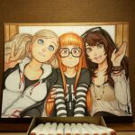  3girls art_tools_in_frame artist_name biting_own_lip black_jacket blonde_hair blue_eyes blunt_bangs bracelet breasts brown_hair closed_mouth earrings hand_up hood hoodie indoors jacket jewelry kujikawa_rise leaning_on_person long_hair looking_at_viewer medium_breasts multiple_girls necklace omar_dogan open_mouth orange_hair persona persona_4 persona_4_the_golden persona_5 photo_(medium) purple_eyes sakura_futaba school_uniform see-through_clothes shirt shuujin_academy_school_uniform signature smile striped_clothes t-shirt tail_around_another's_arm takamaki_ann traditional_media twintails upper_body white_hoodie yellow_eyes 