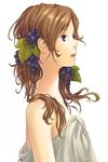  ayumi_k bare_shoulders brown_hair food fruit grapes leaf lips looking_afar original profile purple_eyes simple_background sleeveless solo upper_body white_background 