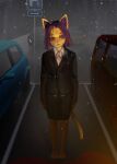  1girl animal_ears arms_at_sides arrow_(symbol) black_jacket black_skirt blood blood_on_clothes blood_on_face blood_on_ground blurry blurry_background car cat cat_ears cat_girl cat_tail collared_shirt commentary full_body furry furry_female half-closed_eyes highres jacket kmnsaur long_sleeves looking_at_viewer medium_hair motor_vehicle office_lady original parking_lot purple_eyes purple_hair road_sign russian_commentary shirt sign skirt snout snowing solo standing steam_from_mouth tail telegram_username white_shirt 