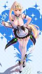  1girl absurdres apron bare_shoulders black_dress blonde_hair breasts circlet cleavage clipboard commentary_request crossed_legs detached_collar detached_sleeves dress enmaided full_body garter_straps hand_on_own_hip highres holding holding_clipboard ken-san large_breasts long_hair looking_at_viewer maid maid_apron maid_headdress mythra_(xenoblade) ponytail short_sleeves sidelocks sleeveless sleeveless_dress smile solo standing thighhighs very_long_hair watson_cross white_thighhighs xenoblade_chronicles_(series) xenoblade_chronicles_2 yellow_eyes zettai_ryouiki 