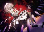  1girl apron between_fingers black_shoes blue_dress bow braid closed_mouth commentary_request dress green_bow grey_hair hair_bow highres holding holding_knife izayoi_sakuya knife knives_between_fingers long_hair looking_at_viewer maid maid_headdress mary_janes puffy_short_sleeves puffy_sleeves red_eyes rokuya_(68_zusao) roman_numeral shoes short_sleeves socks solo throwing_knife touhou twin_braids waist_apron watermark weapon white_apron white_socks 