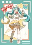  1girl absurdres aqua_eyes aqua_hair aqua_nails bag beret blonde_hair blush commentary diamond_hair_ornament eiffel_tower flag full_body gradient_hair grass hair_between_eyes hair_ornament hat hatsune_miku highres himawari901 holding holding_flag long_hair long_sleeves looking_at_viewer magical_mirai_(vocaloid) magical_mirai_miku magical_mirai_miku_(2024) midriff multicolored_hair musical_note official_alternate_costume official_alternate_hairstyle open_mouth outdoors path pleated_skirt shoes shorts shorts_under_skirt shoulder_bag skirt smile solo stomach tree twintails untranslatable_commentary very_long_hair vocaloid white_hat white_shoes yellow_skirt 