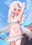  1girl absurdres animal_ears arm_behind_head arm_up armpits bare_arms bare_shoulders bikini bikini_bottom_pull bikini_skirt black_streaks blue_archive blue_sky blush braid breasts closed_mouth clothes_pull cloud collarbone commentary cowboy_shot crab day forehead frilled_bikini frills grey_hair groin hair_ornament hairclip halo highres horizon kokona_(blue_archive) kokona_(swimsuit)_(blue_archive) long_hair looking_at_viewer low-tied_long_hair low_twintails multicolored_hair navel nose_blush ocean orange_eyes outdoors plaid_bikini plaid_clothes pulling_own_clothes seikaseikaruru sky small_breasts solo stomach streaked_hair sweat swimsuit twin_braids twintails very_long_hair water 