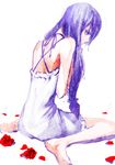 bad_id bad_pixiv_id barefoot dress feet flower long_hair patchouli_knowledge petals profile purple_eyes purple_hair red_flower red_rose rose rose_petals simple_background sitting sketch solo tears tima touhou wariza white_background 