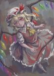  1girl absurdres ai-generated ascot blonde_hair breasts brown_shoes collared_shirt commentary_request crystal_wings dress flandre_scarlet frills full_body grey_background hair_between_eyes hat hat_ribbon highres looking_at_viewer looking_up mob_cap multicolored_wings one_side_up pinafore_dress puffy_short_sleeves puffy_sleeves red_dress red_eyes red_ribbon ribbon sash shadow shirt shoes short_hair short_sleeves simple_background sleeveless sleeveless_dress small_breasts socks solo standing teeth touhou wavy_hair wei_(momoko07dayand1) white_hat white_sash white_shirt white_socks wings yellow_ascot 