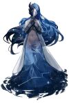  1girl absurdres asymmetrical_hair black_dress black_gloves black_skin blue_dress blue_hair cape closed_mouth colored_skin commentary constellation_print covered_navel crying dress elbow_gloves english_commentary facial_mark floating_hair full_body gloves gradient_clothes gradient_dress gradient_hair hands_up highres hong_sa horns knight_of_despair lobotomy_corporation long_dress long_hair multicolored_hair multicolored_skin one_eye_covered own_hands_clasped own_hands_together project_moon raised_inner_eyebrows sidecut simple_background single_horn solo spade_(shape) split-color_skin standing starry_hair starry_sky_print streaming_tears taut_clothes taut_dress teardrop_facial_mark tears twitter_username two-tone_skin undercut very_long_hair white_background white_cape white_skin white_tiara 