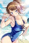  1girl artist_name beach blue_eyes blue_one-piece_swimsuit blue_sky bottle breasts brown_hair closed_eyes cloud commentary day gundam gundam_build_fighters gundam_build_fighters_try holding holding_bottle hoshino_fumina looking_at_viewer minakami_monaka ocean one-piece_swimsuit outdoors ponytail sand sky smile solo swimsuit twitter_username water water_bottle watermark 