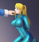  bdsm bondage bound bound_arms breasts highres hyoukai kneeling large_breasts licking metroid samus_aran tongue zero_suit 