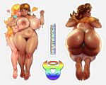  2girls alternate_breast_size_(larger) ass bent_over blonde_hair bracelet breasts brown_hair commentary curvy earrings english_commentary feet full_body grabbing_another's_breast groping heart huge_ass huge_breasts jewelry lips looking_at_viewer mario_(series) multiple_girls navel nipples nude panties piercing plump princess_daisy princess_peach robaato shiny_skin soles standing stomach_piercing thick_thighs thighs toes underwear wide_hips yuri 