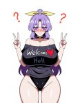  1girl ? absurdres anime_coloring black_choker black_panties black_shirt blush breasts choker closed_mouth clothes_writing collarbone commentary_request commission cosplay double_v groin hair_ribbon heart hecatia_lapislazuli hecatia_lapislazuli_(cosplay) highres hypnosis large_breasts long_hair looking_at_viewer mind_control off-shoulder_shirt off_shoulder panties pink_eyes pixiv_commission purple_hair ribbon ringed_eyes shirt simple_background smile solo ssaf_seibeupail touhou underwear v variant_set watatsuki_no_yorihime white_background 