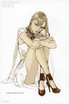  1girl blonde_hair character_name concept_art dress gigi_andalusia gundam gundam:_hathaway's_flash high_heels highres hugging_own_legs looking_at_viewer pablo_uchida simple_background sitting smile solo solo_focus thighs third-party_edit third-party_watermark watermark white_dress 