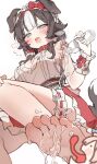  1girl :d animal_ears barefoot bibi_biscuit black_hair blue_eyes blunt_bangs blush bottle bow commentary dog_ears dog_girl dog_tail fang feet frilled_hairband frilled_skirt frills hair_bow hairband highres holding holding_bottle multicolored_hair open_mouth orobou phase_connect pouring red_bow red_skirt shirt short_hair simple_background skin_fang skirt sleeveless sleeveless_shirt smile soles solo streaked_hair tail toes virtual_youtuber water water_bottle white_background white_shirt white_streaks 