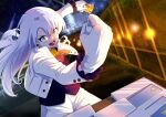  1girl absurdres ascot black_shirt card commentary_request duel_(yu-gi-oh!) gloves grey_hair highres holding holding_card jacket jonami_syzd long_hair mutsuba_asaka open_mouth pants red_ascot shirt white_gloves white_jacket white_pants yu-gi-oh! yu-gi-oh!_go_rush!! 