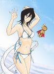  1girl 1other absurdres bikini black_hair bleach blue_bikini breasts cape cloud cloudy_sky collarbone covered_nipples flying hair_between_eyes hand_on_own_head highres kanuky kon_(bleach) kuchiki_rukia large_breasts lips looking_at_viewer medium_hair outdoors purple_eyes red_cape salute signature sky smile swimsuit white_bikini 